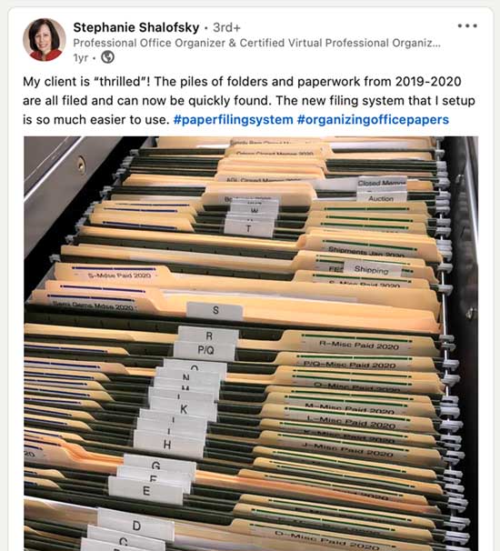 LinkedIn post for professional organizer