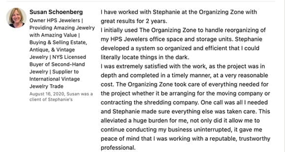 LinkedIn recommendation for professional organizer