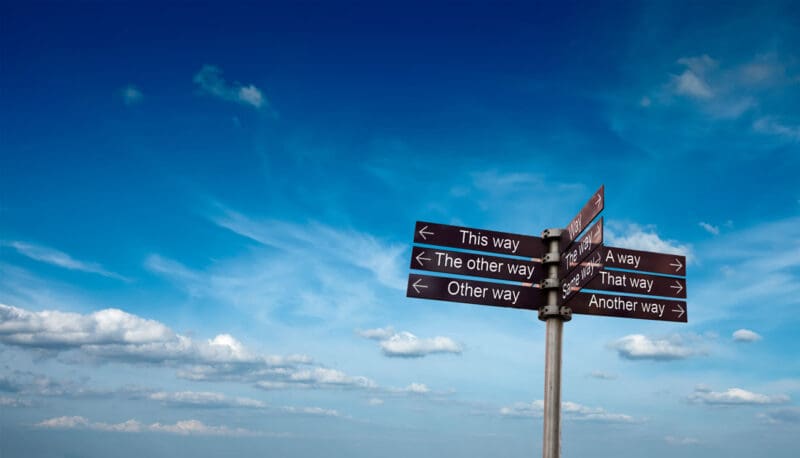 A photo of a signpost with "This way" "The other way" "Other way" "A way" "That way" on the signs