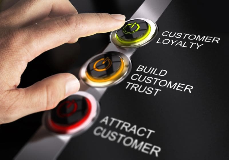 A keypad with three lighted buttons: Green for Customer Loyalty, Amber for Build Customer Trust, and Red for Attract Customer